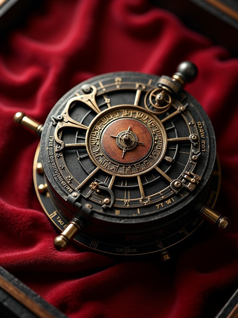 Hyper realistic intricately crafted oxidized mechanical puzzle with mystical symbols and gear mechanism. Contains levers and ornate cocobolo wood dial face. Has an oxidized round matte black body resting on red velvet. Illuminated by warm golden glow against rich backdrop. Captured from a top view angle.