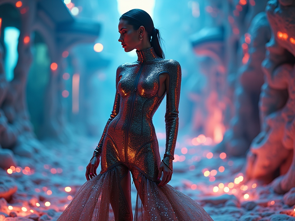 Futuristic avant garde couture showcasing stylish luxury with a model in a highly detailed metallic outfit against a surreal alternate dimension backdrop. The setting has luminous features and a dramatic atmosphere, enhancing the high impact of the fashion expression.