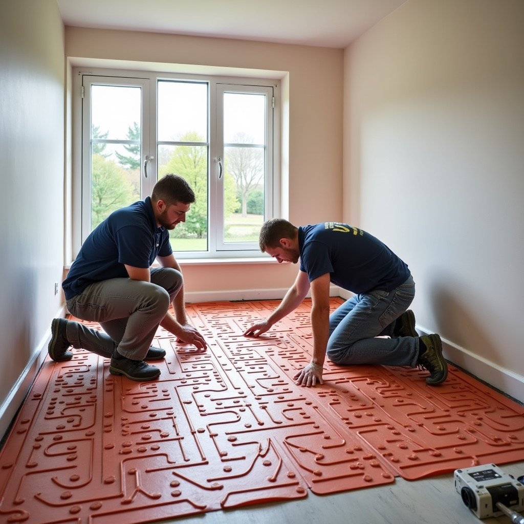 Technicians install underfloor heating in a residential setting. They lay out heating panels on the floor in a room. Light enters through a window illuminating their work.