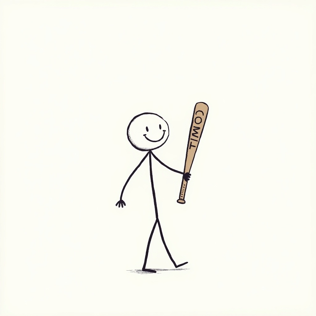 Doodle of a stick figure with a round head. Stick figure smiles and holds a baseball bat labeled COMMIT. Design is minimalistic with simple lines and shapes. The bat symbolizes commitment and motivation.