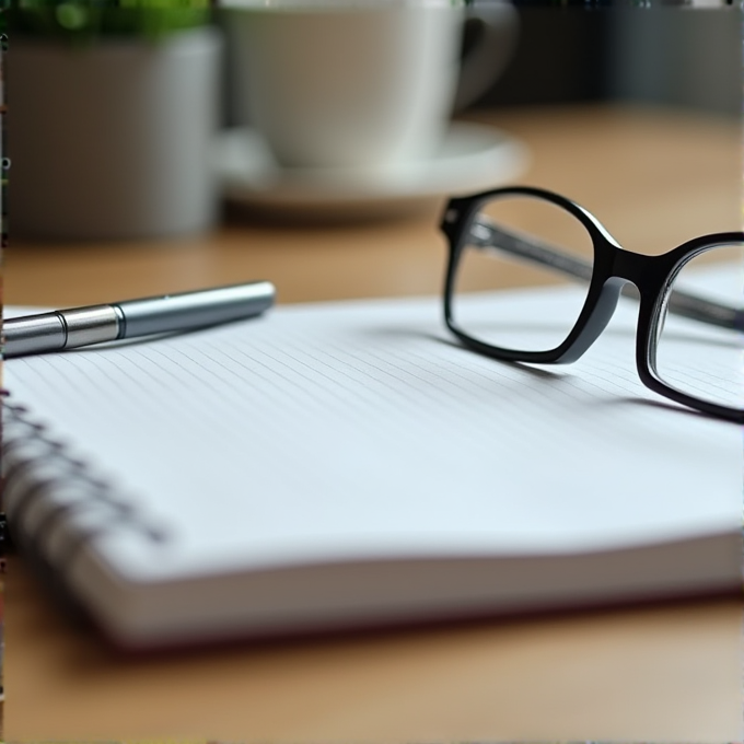 A pair of eyeglasses rests on an open lined notebook with a pen nearby, set against a blurred backdrop of a potted plant and a white coffee cup on a wooden surface.