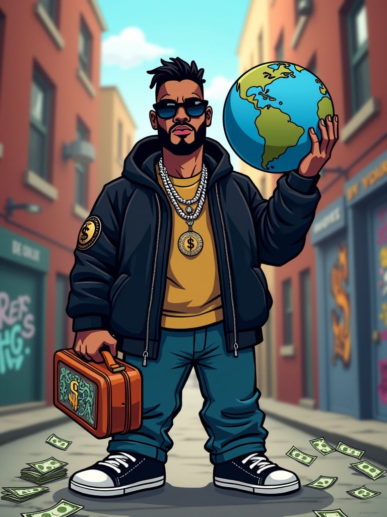 Cartoon style character in urban setting. Character wears black jacket and holds globe with money. Graffiti decorates the background. A lunch box is included in the image.