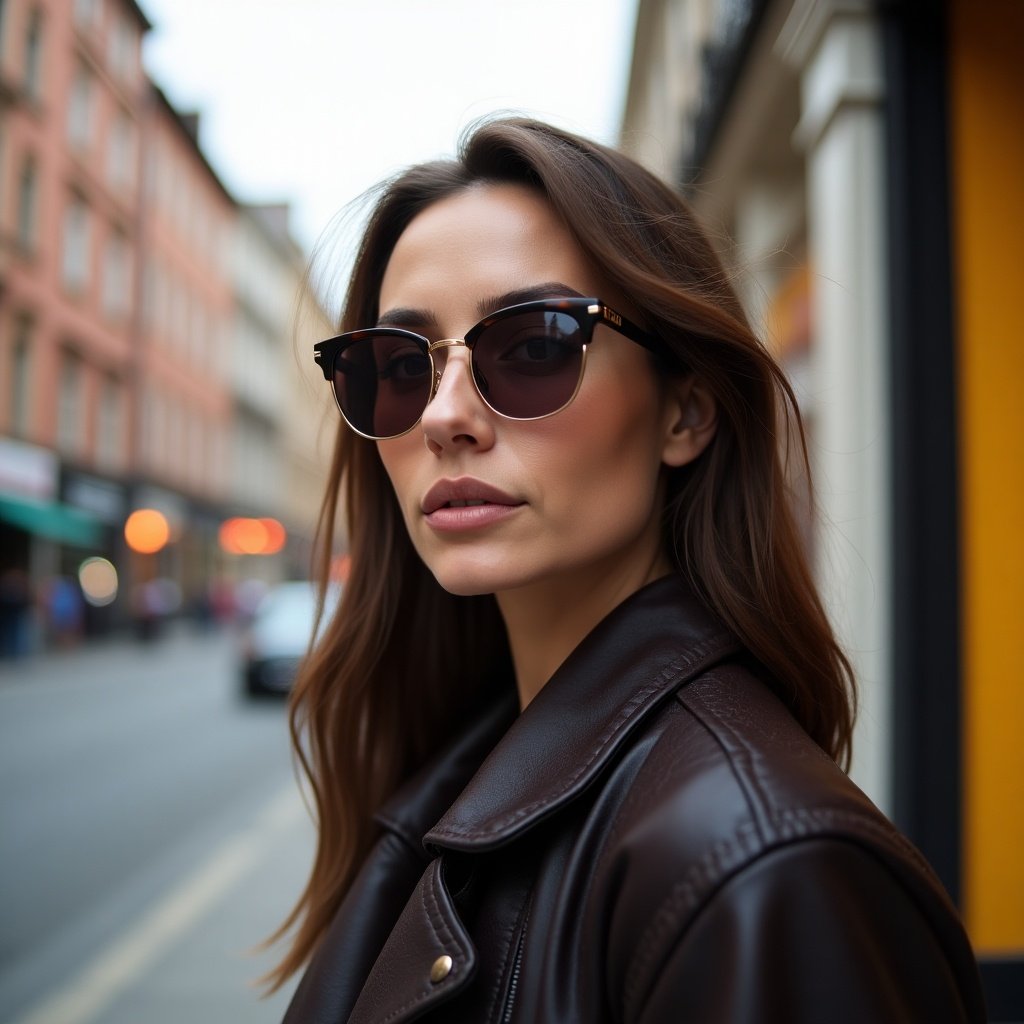 Woman posing on the street in sunglasses. Brown leather jacket contrasts with muted street colors. Attention on facial expression and eyewear.