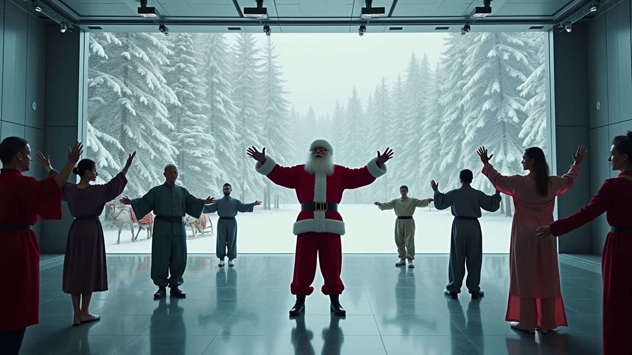 Cinematic image of Santa Claus celebrating with open arms. Diverse people practice tai chi in different postures around him. Snowy woods are visible through openings. Sleigh with reindeer parked. Wide shot shows Santa surrounded by people.