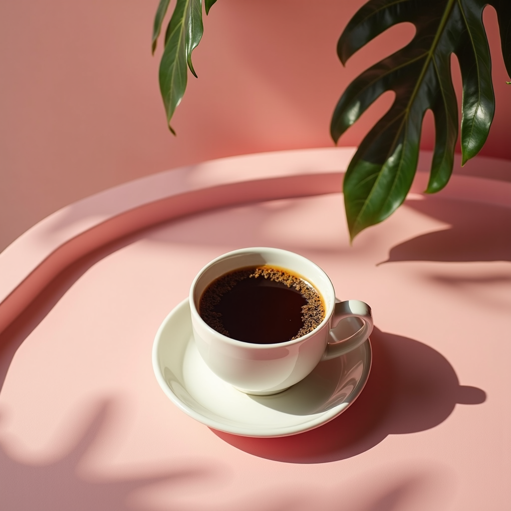 A cup of coffee sits on a round, pale pink tray with sunlight casting leaf shadows, creating a serene and tropical atmosphere.