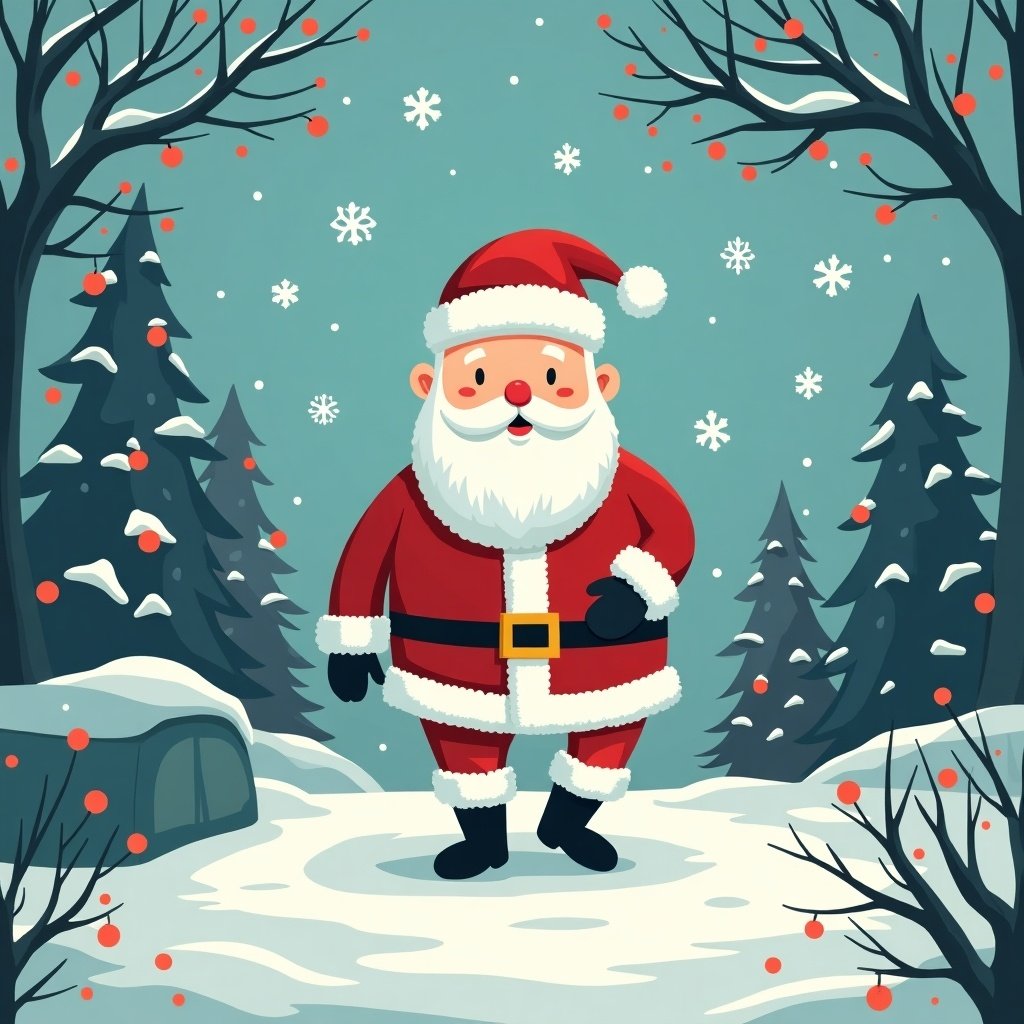 A cheerful Santa Claus standing in a snowy winter forest decorated with snowflakes and red berries. Pine trees surround the scene creating a festive atmosphere. The overall mood is joyful and inviting for a hospital setting.