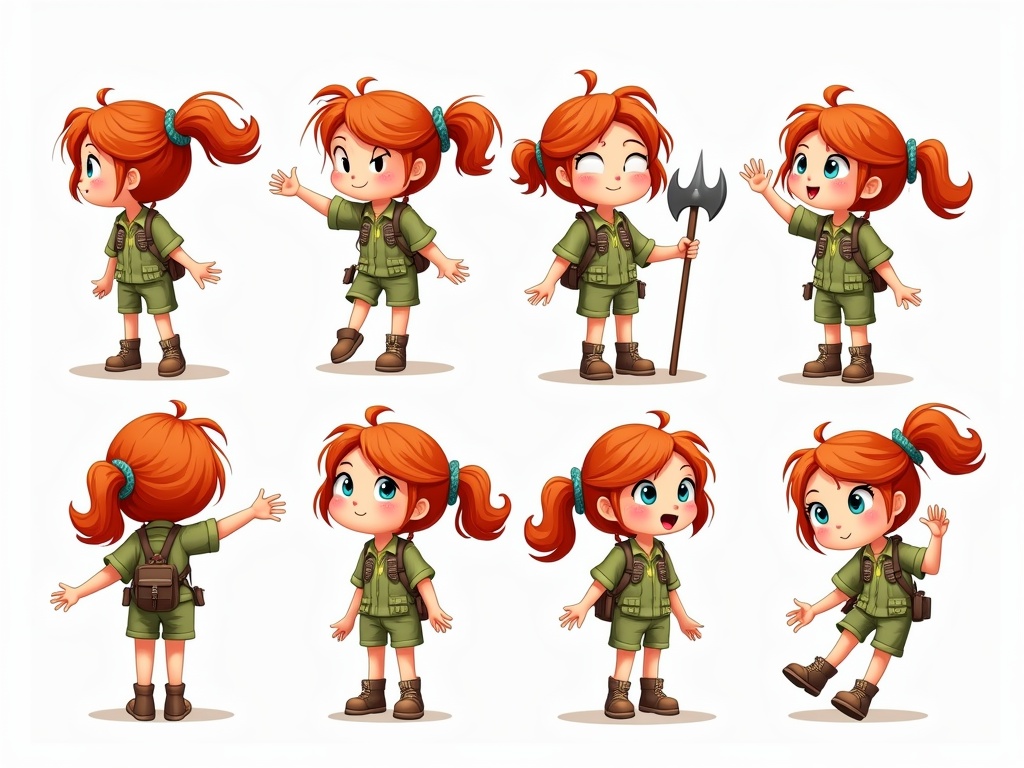 This image showcases a cheerful and spirited young girl with red hair tied in pigtails, dressed in a scout uniform. She is depicted in various playful poses, conveying a sense of exploration and enthusiasm. The character's expressions are animated and vibrant, capturing a youthful sense of adventure.