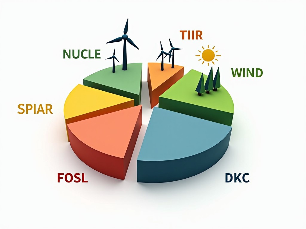 3D pie chart illustration of energy types with labels and icons