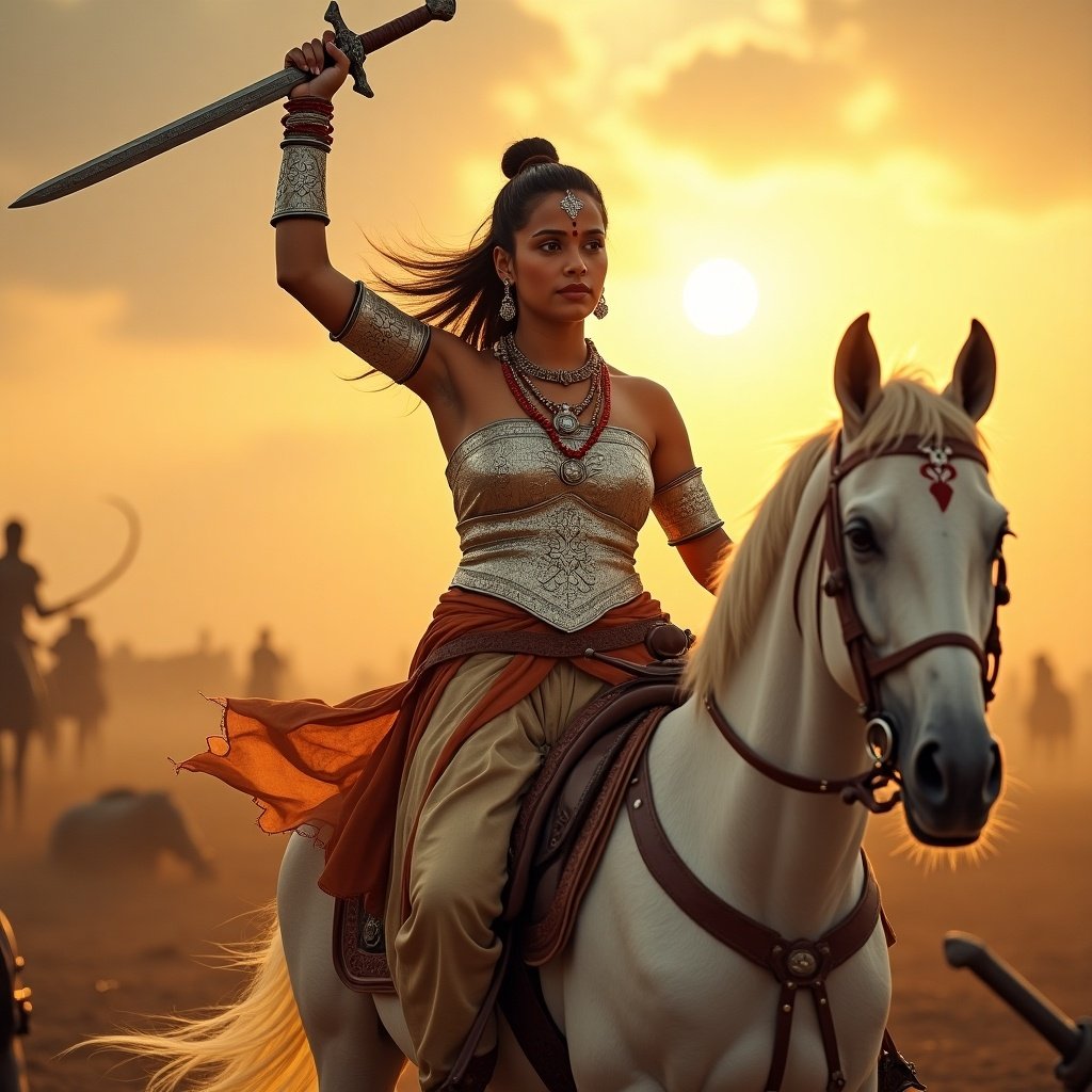 Tilu Rauteli stands on the battlefield with raised sword. Sunset casts a golden glow over the scene. She wears metallic armor with traditional designs and layered fabrics. A white horse stands beside her. The battlefield shows signs of victory. Dramatic sky adds to the atmosphere.