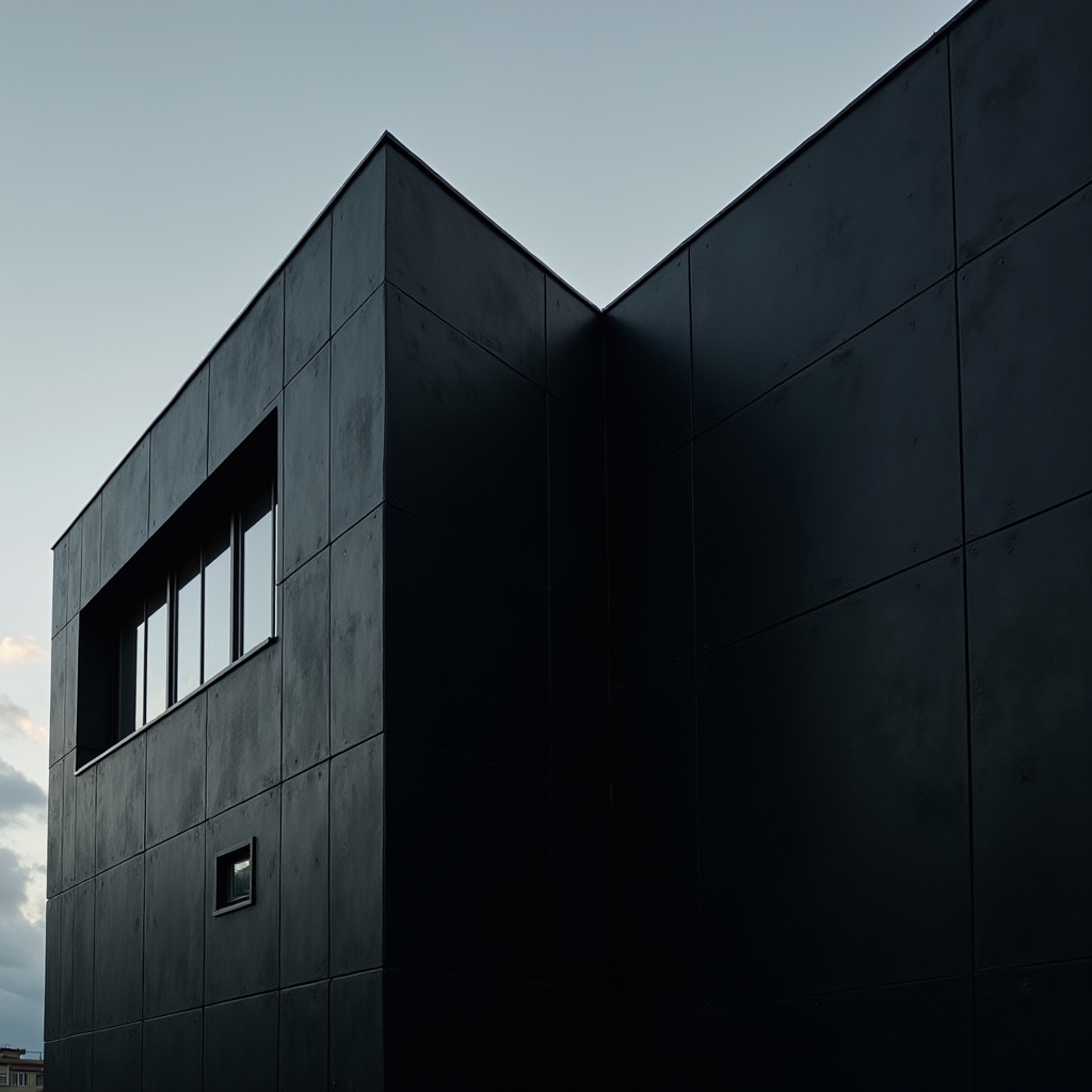 The image depicts a modern architectural structure characterized by its minimalist design. The building features a smooth, matte black facade composed of large, evenly spaced panels. A series of rectangular windows interrupt the stark uniformity, allowing natural light to enter the interior. The structure's sharp edges and clean lines create a dramatic silhouette against a subdued sky, providing a sense of modernity and sophistication. The overall composition emphasizes simplicity and high contrast, typical of contemporary architectural styles.