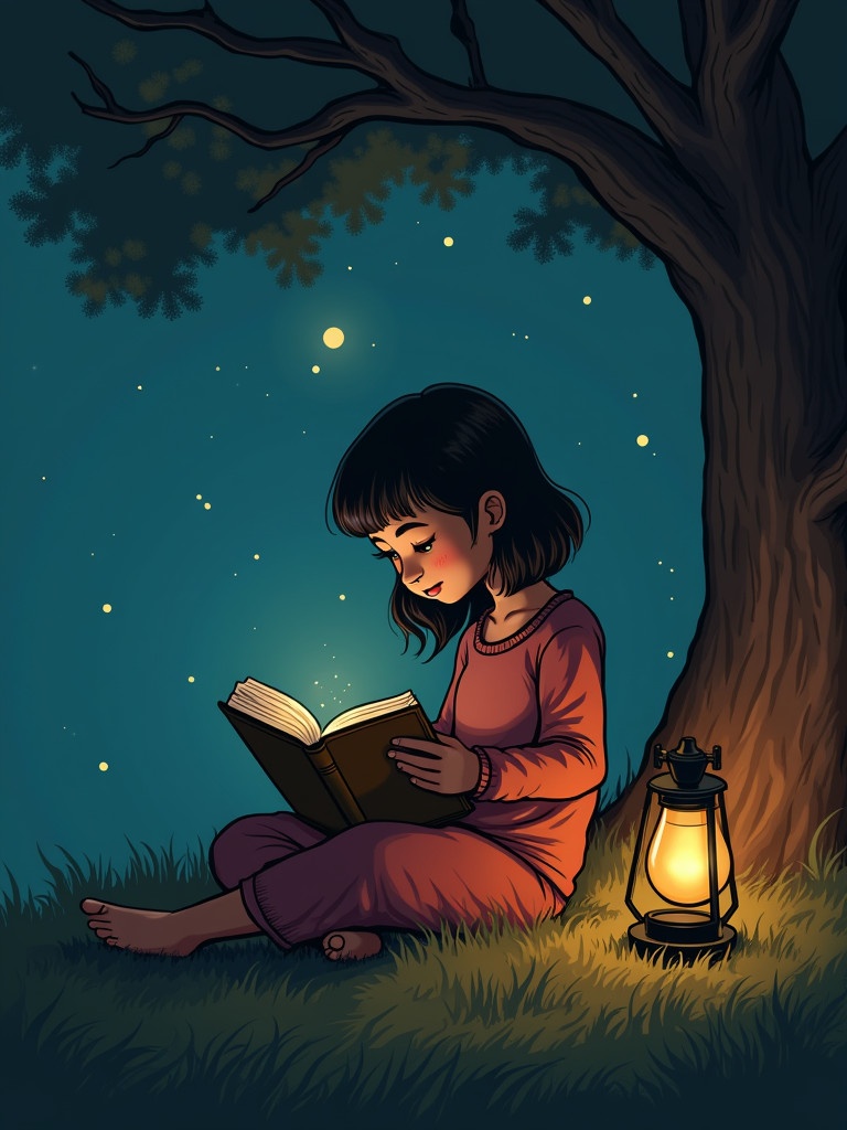 A girl sits under a tree beside a lantern. She reads an old science book with interest. The scene conveys curiosity and a quest for knowledge.