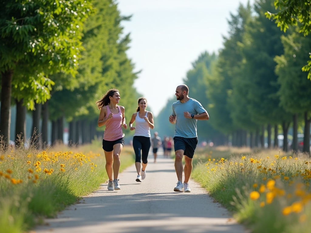 A group of people jogging on a scenic path lined with trees and flowers, promoting fitness and outdoor activities.