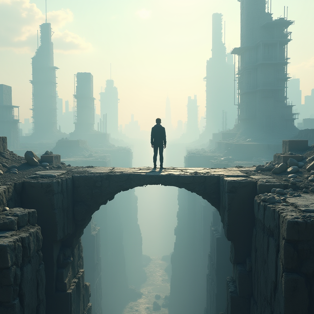 A solitary figure stands on a bridge, overlooking a misty, post-apocalyptic cityscape.