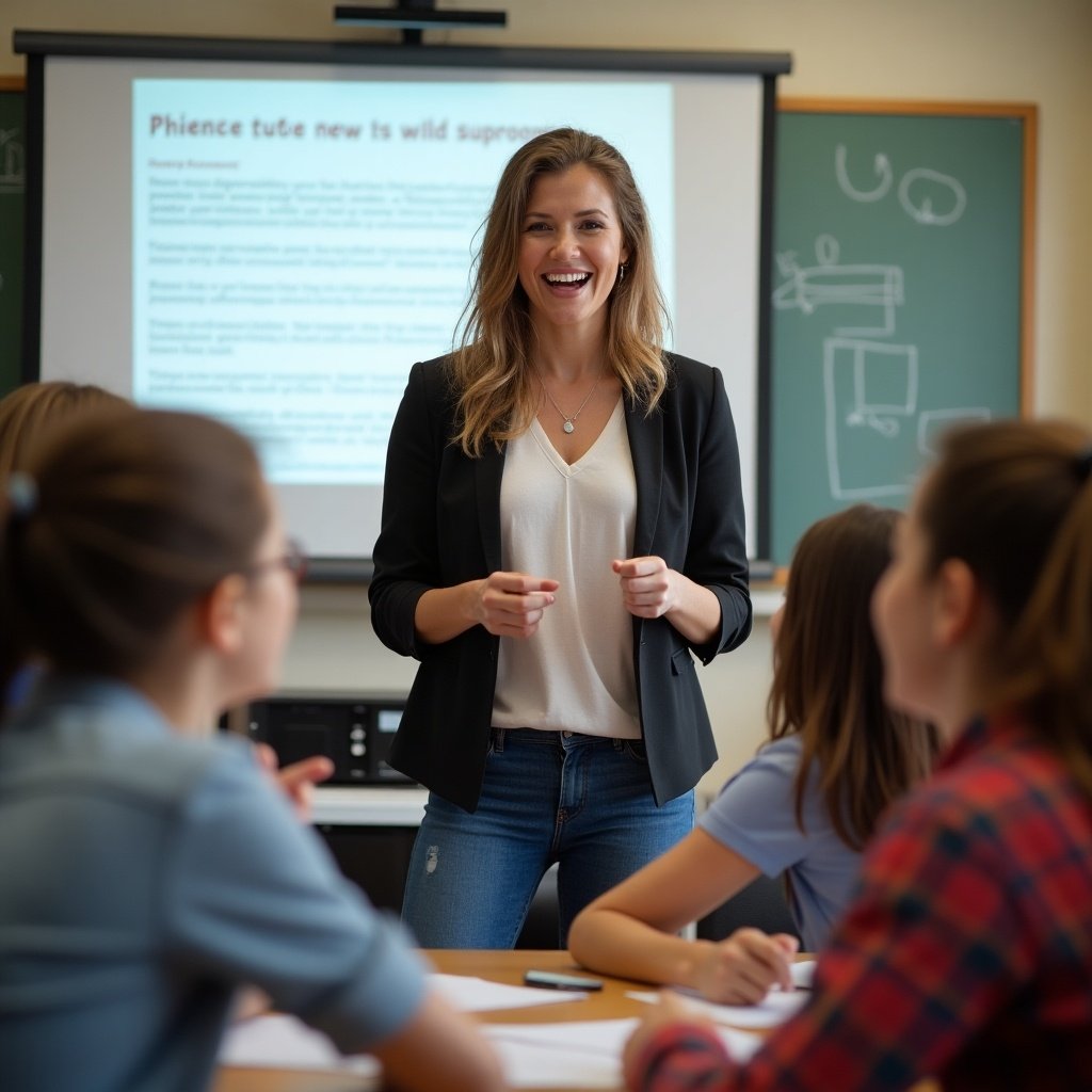 A teacher passionately engaging with students in a classroom setting. The teacher, wearing a smart casual outfit, stands in front of a whiteboard smiling and effectively communicating with the students. The students, a diverse group, are attentively listening and participating in the discussion. The classroom is bright and inviting, with educational materials visible. This image captures the essence of active learning and teacher-student interaction.