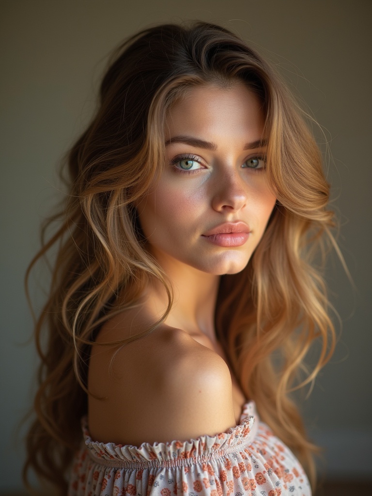 Portrait of a young woman in her 20s with long hair and blue eyes. Natural light illuminates her face. She has a gentle expression and is wearing a floral off-shoulder top.