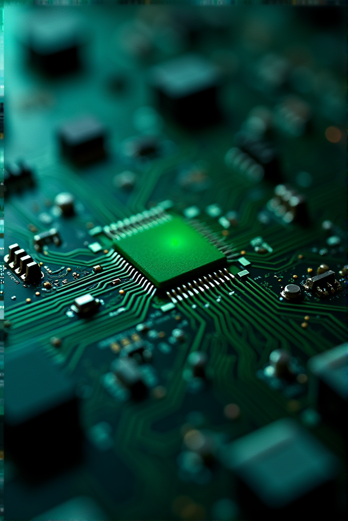 A close-up of a vibrant green microchip with intricate circuits on a circuit board, highlighting the complexity of modern technology.