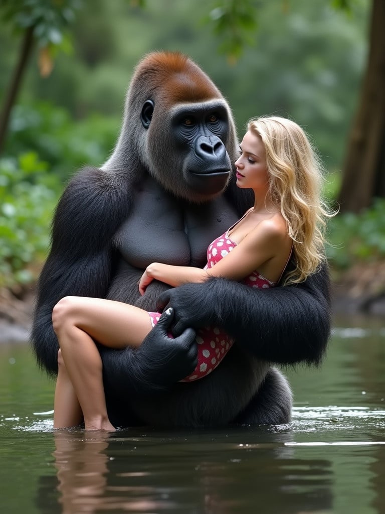 A large male gorilla carries a beautiful blonde woman in a lake surrounded by a thick forest. The scene depicts a bond between wildlife and humanity. The atmosphere is serene and captivating.