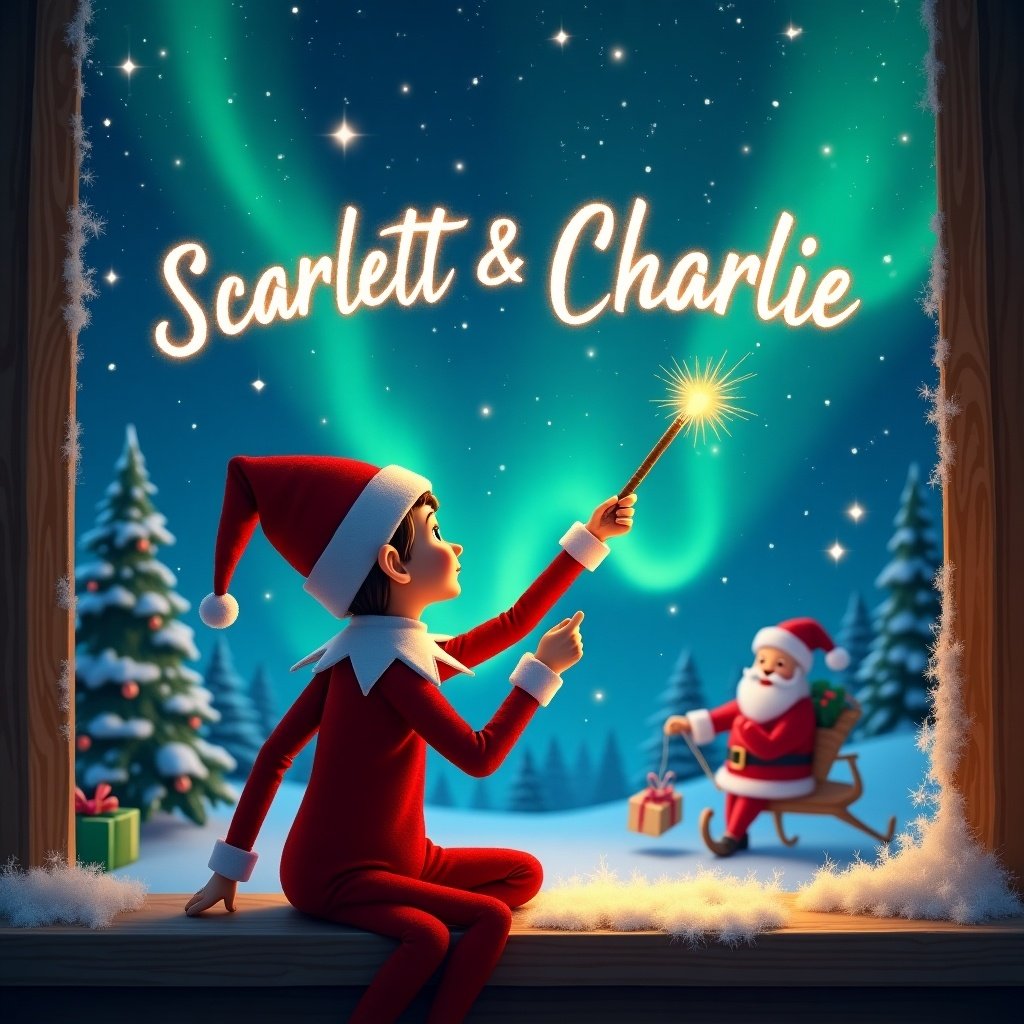 Elf on the shelf with back facing sky. Using wand to write in the magical sky. Background features northern lights and Santa. Names Scarlett and Charlie are written elegantly in the sky.