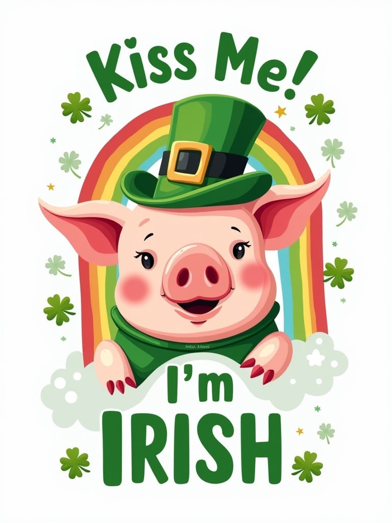 2D flat illustration of a cute pig in a green St. Patrick's Day outfit with a leprechaun hat and shamrocks. Rainbow appears behind the pig. Text above reads 'Kiss Me!' and below says 'I'm Irish'. White background and green text.