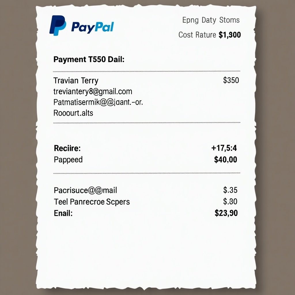 Create an image of a PayPal receipt showing a money transfer from Travian Terry to American Mattress. The amount transferred is $150 and email addresses are trevianterry8@gmail.com and ammattressmike@gmail.com.