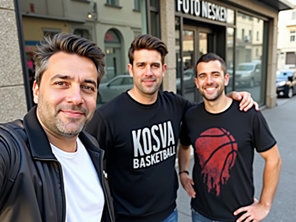 Three men are standing in front of a glass-fronted shop with a sign that reads "FOTO NESKEN." The setting appears to be urban, with buildings visible in the background. The man on the left is wearing a white t-shirt under a darker jacket and seems to be taking a selfie. The middle man is wearing a black "Kosova Basketball" sweatshirt, and the man on the right has his hand on his hip, wearing a black t-shirt with a graphic red design. They all appear relaxed and are casually posing for the camera.