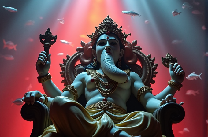 A serene statue of a deity with an elephant head, sitting in a meditative pose on an ornate throne, surrounded by small fishes in a vibrant underwater setting.