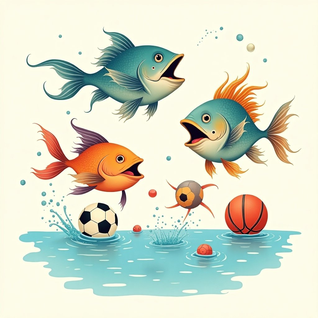 Colorful fish with open mouths jump out of water. Sports balls like soccer, basketball, and tennis float nearby.