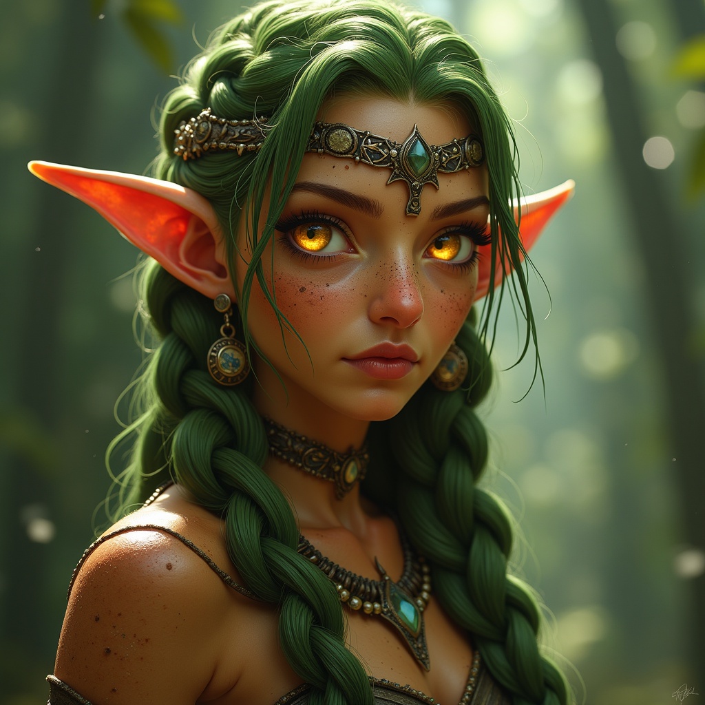 This image depicts a stunning female wood elf with long, braided green hair. Her tanned, freckled skin glows in soft sunlight filtering through a lush forest. She has striking gold eyes that capture the viewer's attention. Adorned with intricate jewelry, she embodies the essence of fantasy and magic. The background enhances her elven features, creating an ethereal atmosphere.