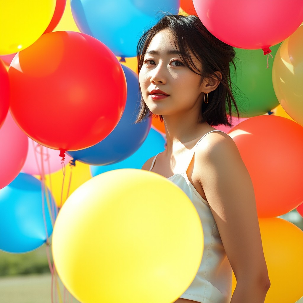 A woman stands cheerfully surrounded by vibrant, colorful balloons in an outdoor setting.