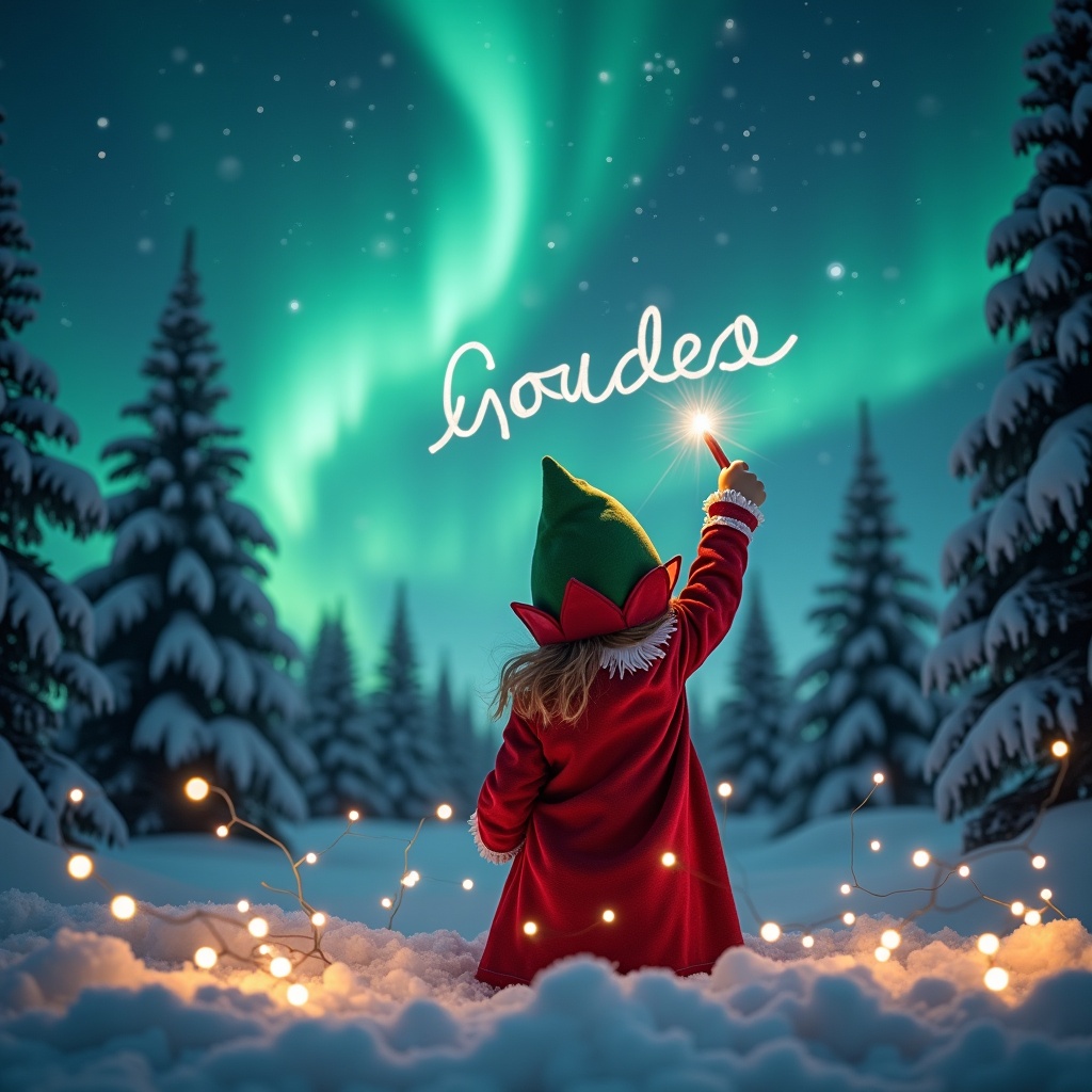 A whimsical scene captures a child dressed in an elf costume, seen from behind. The child gazes upward, using a wand to write a name in the air, invoking a sense of magic. The sky above is adorned with vibrant northern lights dancing in waves of green and blue. Surrounding them is a winter landscape filled with snow-covered trees, creating a serene backdrop. Twinkling fairy lights are scattered in the foreground, enhancing the festive feel of the scene. This imagery embodies the joy and wonder of the holiday season, ideal for evoking childhood magic.