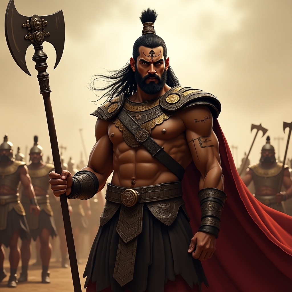 Digital painting of Duryodhana a tall muscular warrior dressed in black and golden armor holding a massive mace He stands strong before the Kaurava army His pose displays arrogance and determination