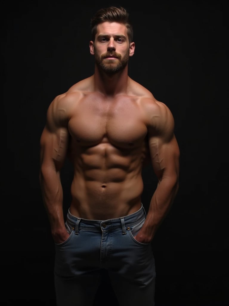 Muscular man with six-pack abs poses with hands in pockets. Strong athletic physique highlighted. Body well-defined and toned. Lighting accentuates muscles creating dramatic effect.