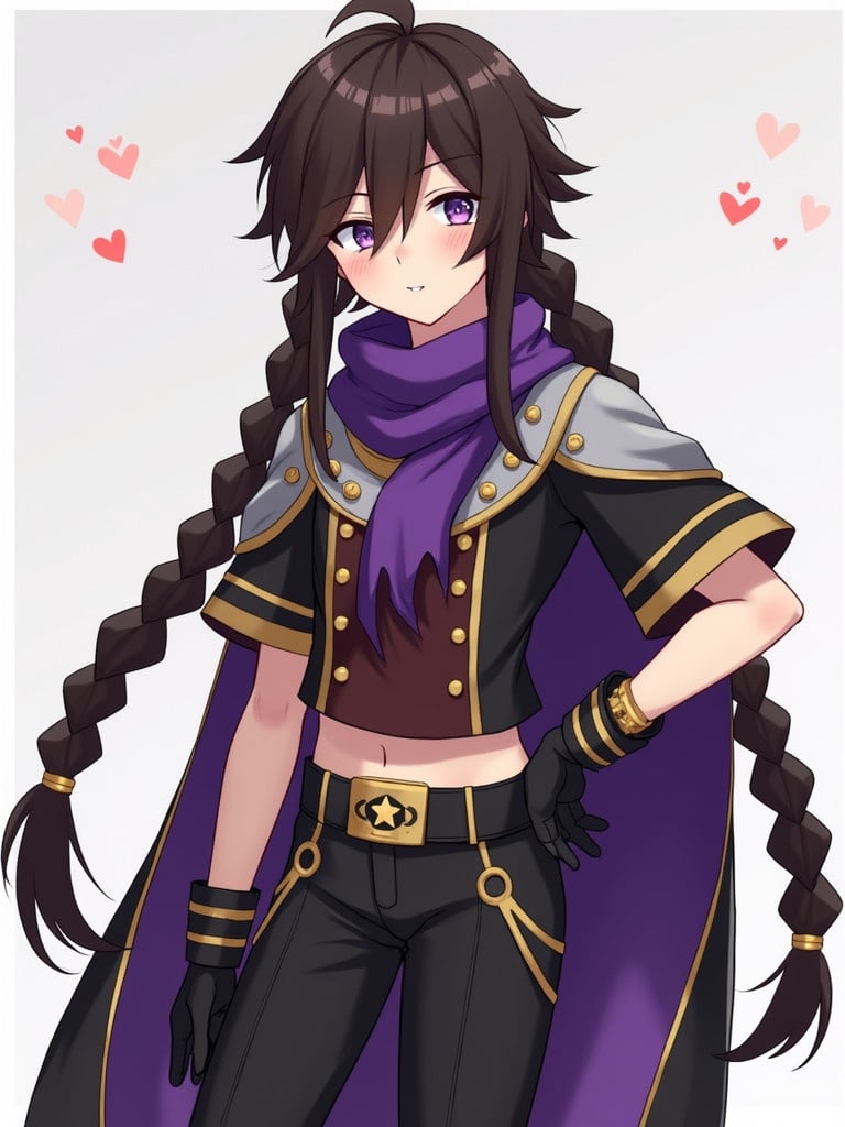 A boy with long braided dark brown hair dressed in a black and purple outfit. He wears a purple scarf and a silver cape. His shirt is gold and brown with short sleeves. The boy's outfit includes black gloves, pants, and a belt adorned with a star. He wears black boots and has a golden wedding ring on his left hand.