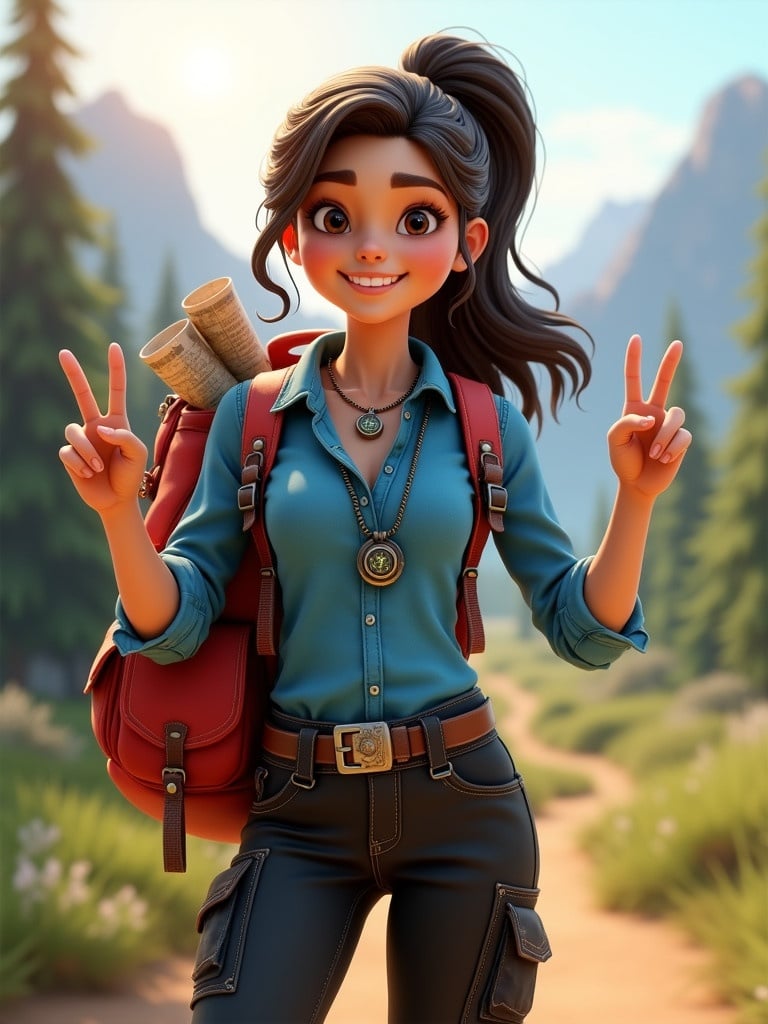 3D digital model of a female character with long dark brown hair in a playful ponytail. Female wears a bright blue shirt and fitted black cargo pants. She holds a peace sign. A red backpack is on her shoulders with a map sticking out. Nature background with mountains and trees. Vibrant colors and dynamic pose create a sense of adventure.