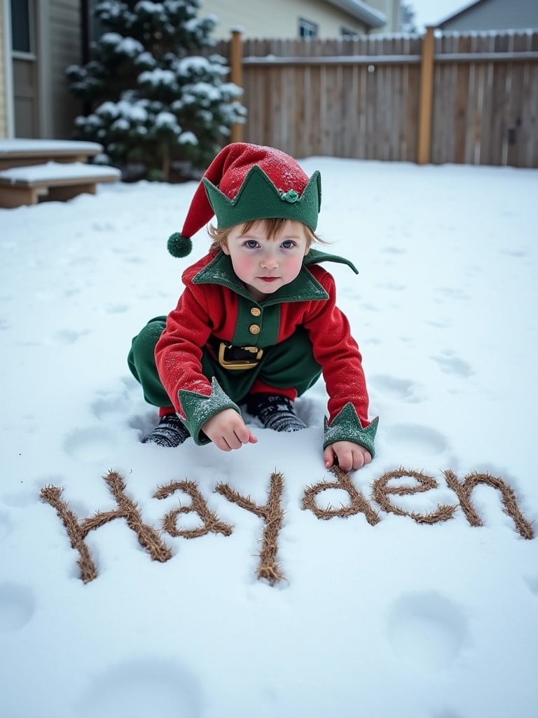 Child dressed as an elf sits on snowy ground. Child writes name Hayden in snow. Elf costume includes red and green colors. Scene is playful and festive. Background includes snowy landscape.