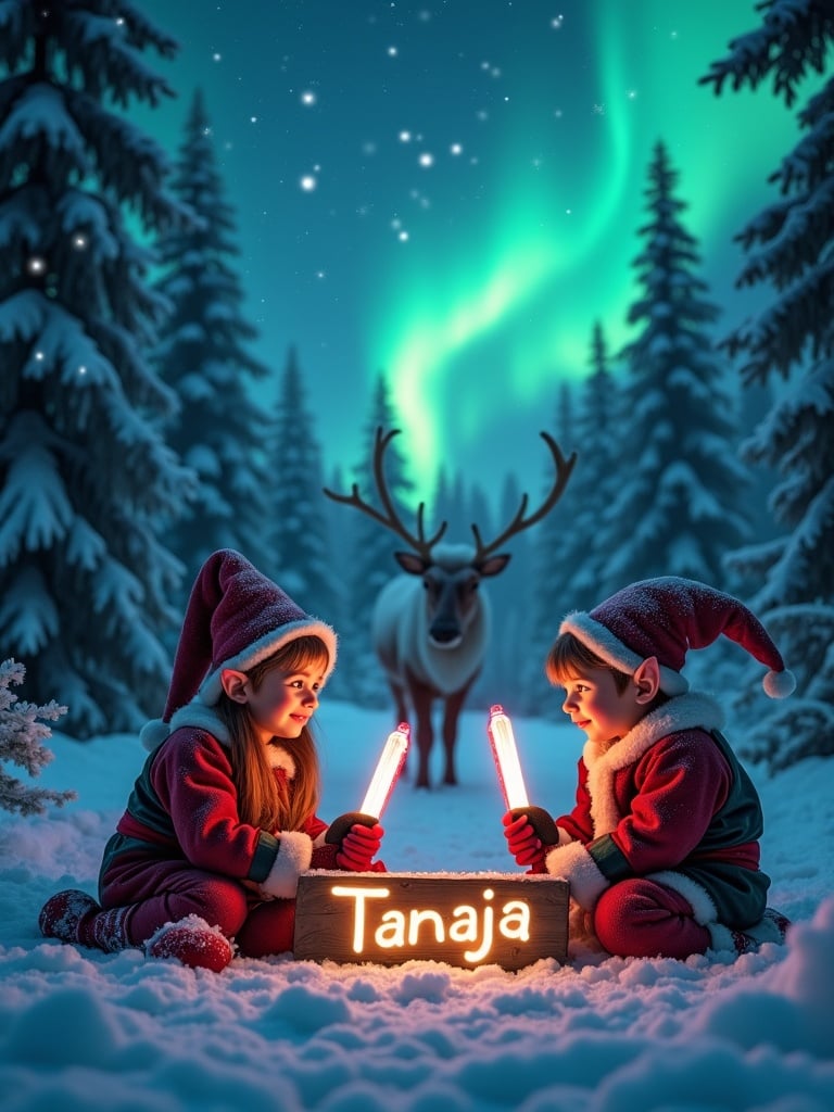 Two elves sit in snowy North Pole forest. They hold glowstick wands. They write Tanaja on wooden sign. Night sky is starry with northern lights. They wear festive holiday outfits. Snow-covered pine trees surround them. A reindeer is in the background.