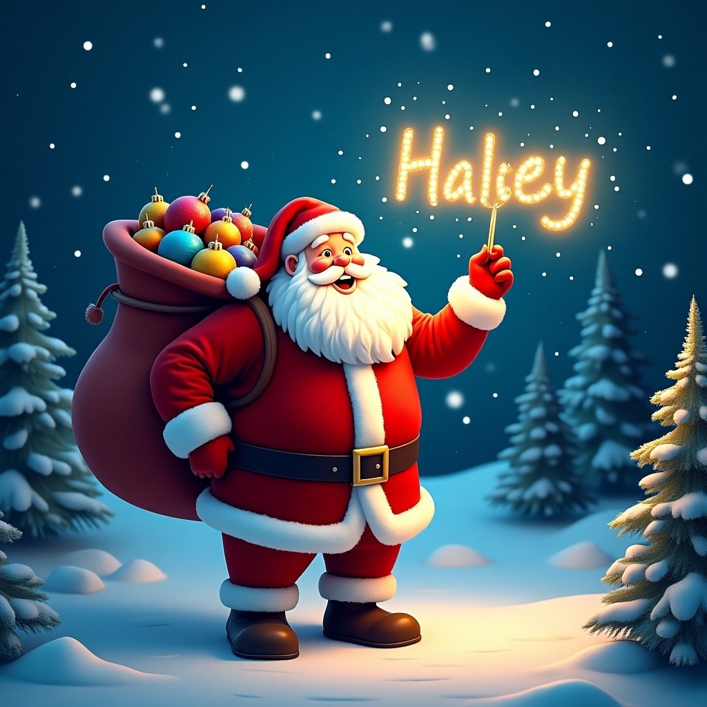 Image features joyful Santa Claus in a vibrant red outfit with a fluffy white beard. He stands in a snowy landscape surrounded by evergreen trees. Santa holds a glow stick writing the name 'Haley' in the air with sparkling letters. His large sack is filled with colorful ornaments. The scene has a warm glow, creating an enchanting holiday atmosphere.