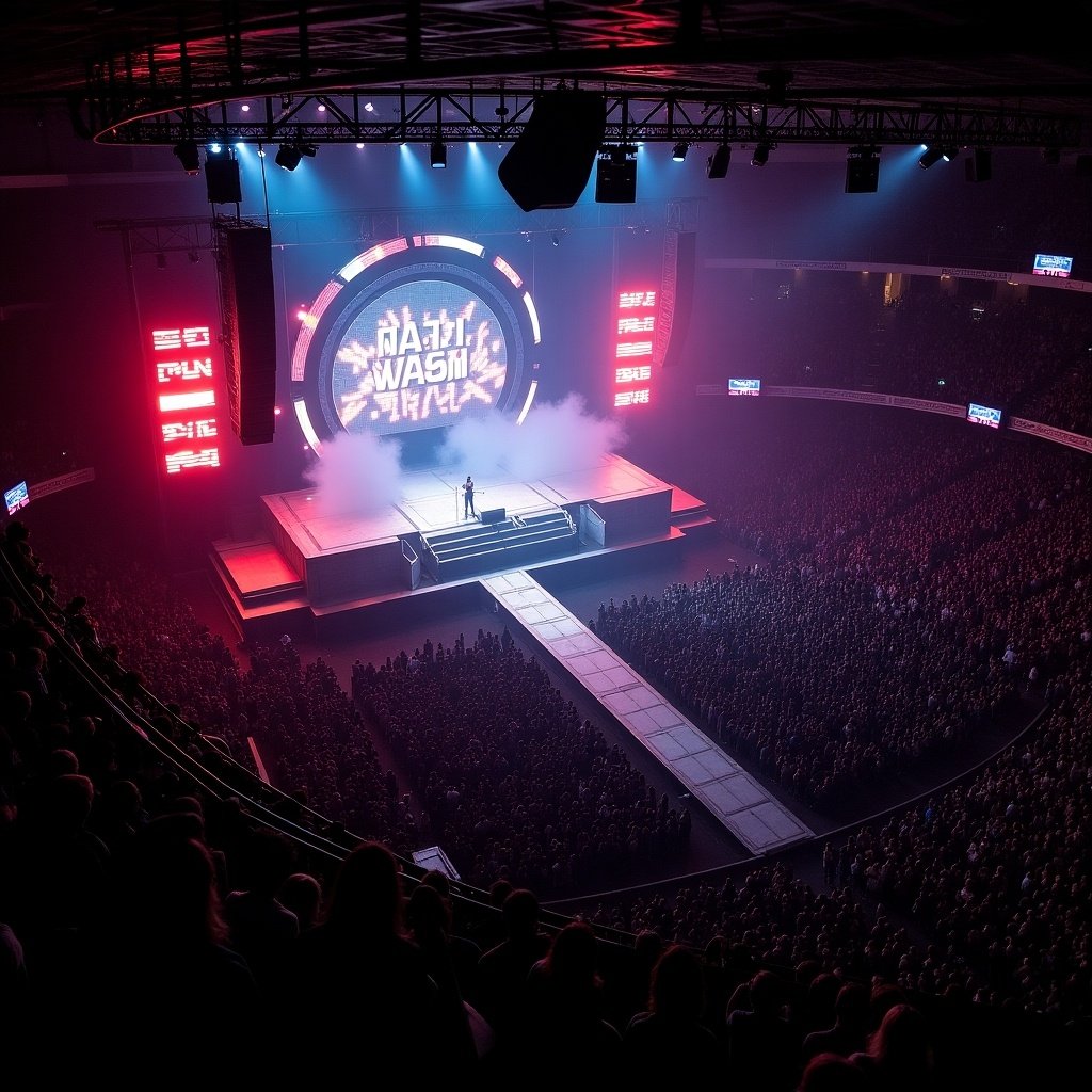 Aerial view of a NARI KOSA concert. Stage is dramatically lit with vibrant lights. Massive circular screen displays artist's name. Long catwalk extends from stage. Large crowd fills the arena. Captures high-energy concert experience.