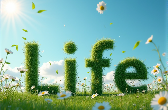 The word 'life' is formed by grass letters surrounded by daisies under a sunny sky.