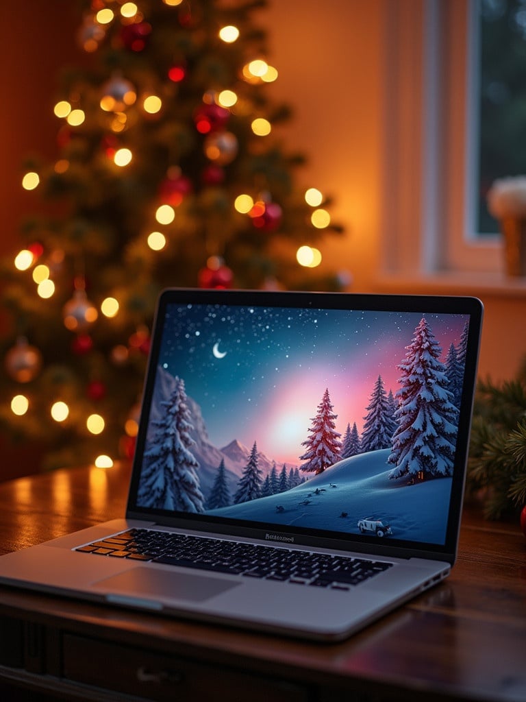 Laptop displays a festive winter scene. Background shows a decorated Christmas tree. Warm lights create a cozy atmosphere. Ideal for holiday imagery.