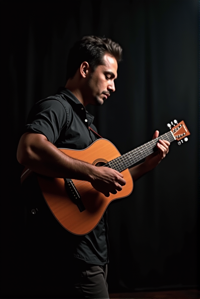 A man in a dark shirt is playing an acoustic guitar against a dark background.