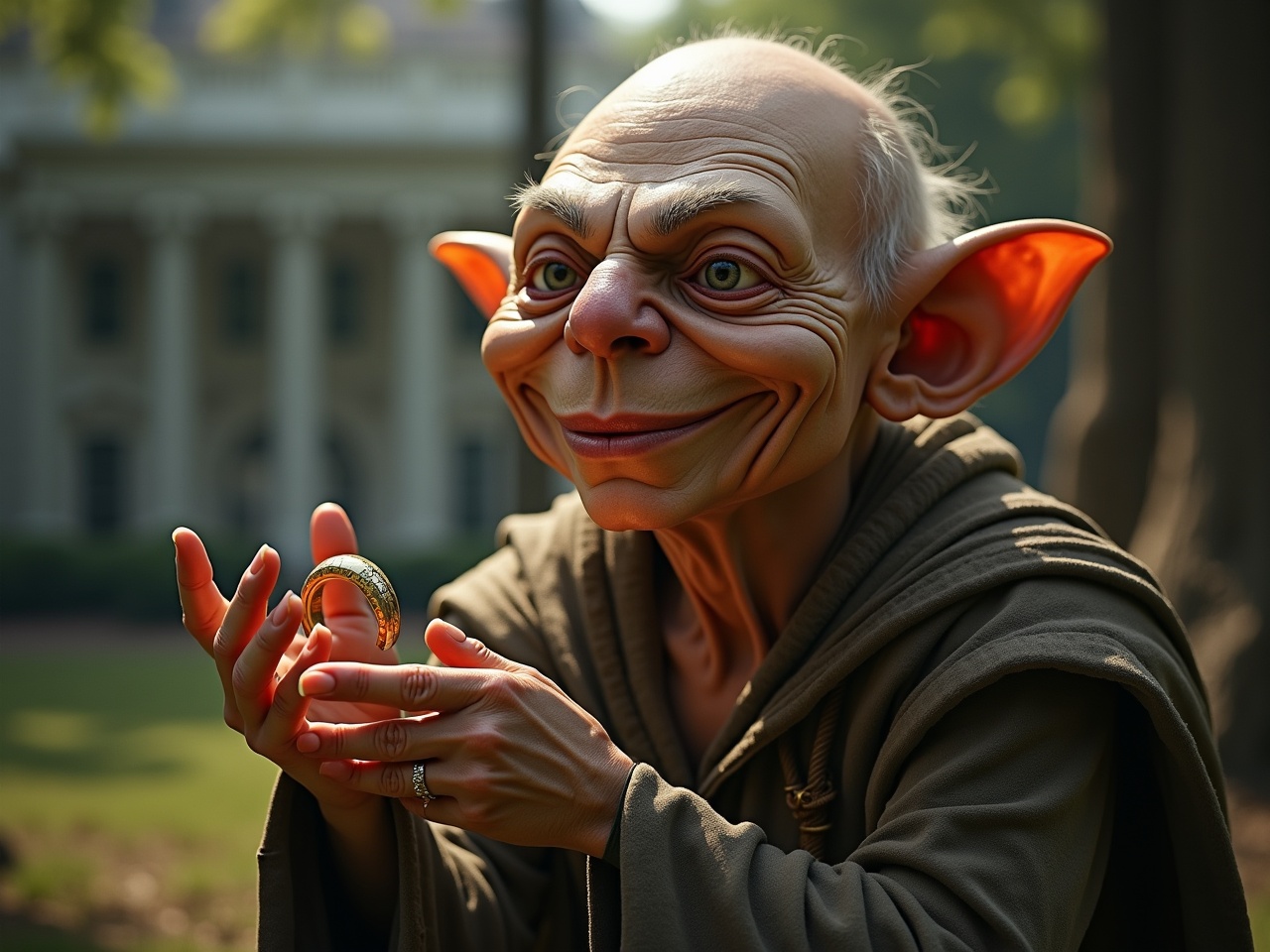 A whimsical depiction of a character reminiscent of Gollum, infused with characteristics of Donald Trump. The character is smiling while holding The One Ring, often referred to as 'His Precious'. In the background, the iconic White House can be seen, blending elements of fantasy and political satire. The setting is outdoors, with soft, natural lighting enhancing the whimsical atmosphere. The character's exaggerated features and playful expression invite viewers to appreciate the blend of humor and fantasy in this unique illustration.