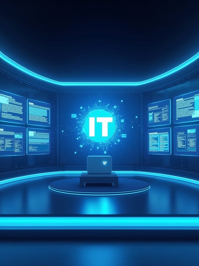 Futuristic AI-powered studio design for IT Design India. Features a prominent logo for branding. Holographic screens showcasing services like web development and digital marketing. Sleek background with glowing circuits. Designed for YouTube Shorts format with a vertical layout and dynamic lighting effects.