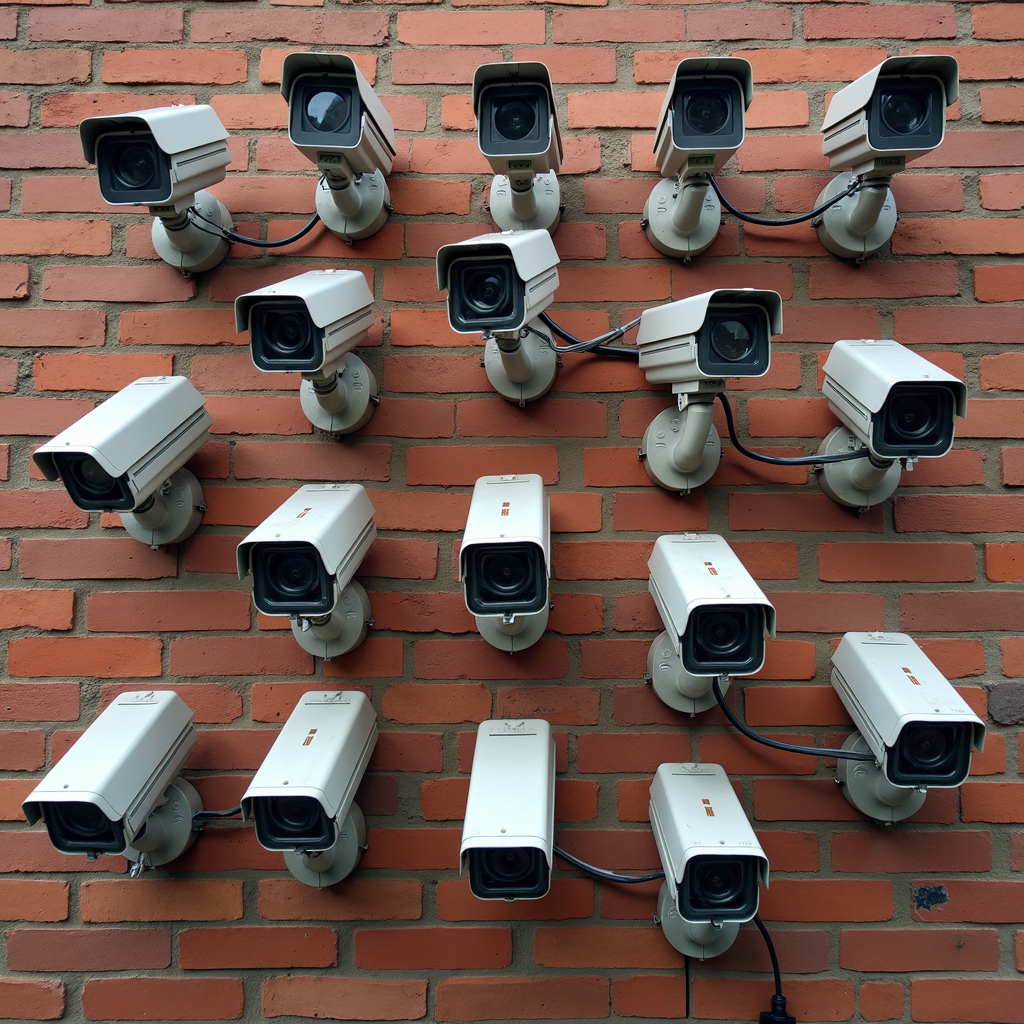 A brick wall with an array of surveillance cameras mounted, creating an intense and watchful atmosphere.