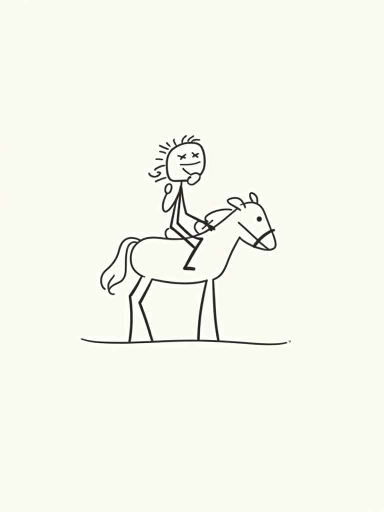 Minimalistic doodle of a girl riding a horse. Girl has a determined expression. Simple lines and shapes create the design.