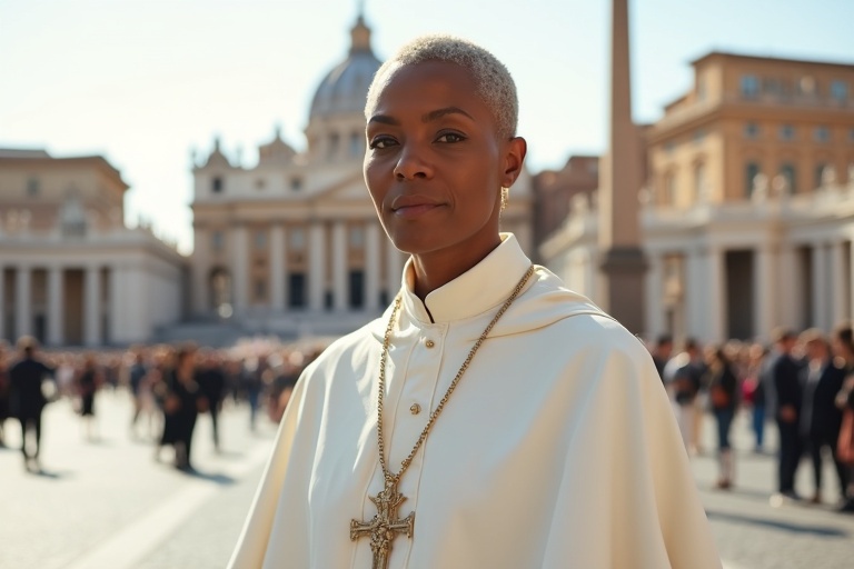 Una mujer de color con solideo y férula en blanco en la plaza de san pedro en el vaticano. Ella actúa como figura religiosa. El fondo muestra la arquitectura emblemática del lugar.