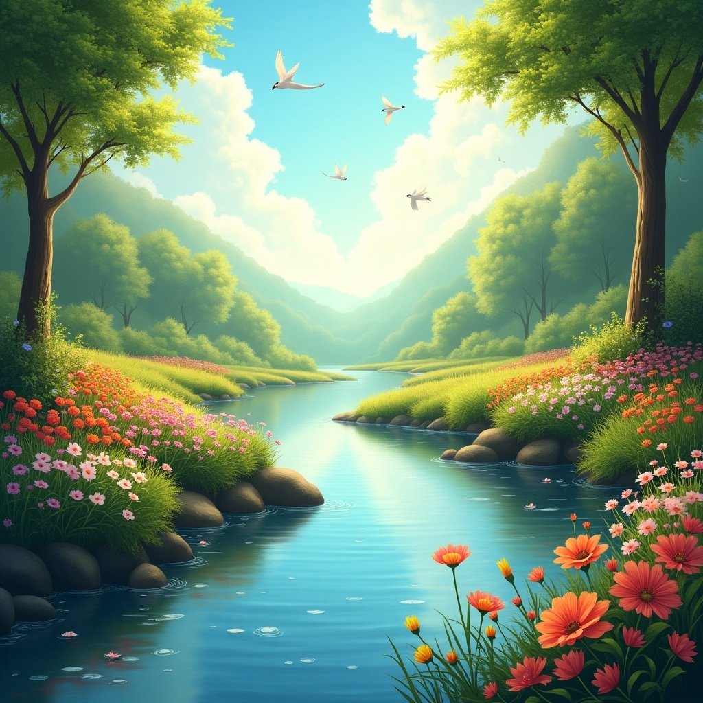 The image depicts a serene landscape featuring a tranquil river flowing through a lush valley. Vibrant flowers in shades of pink and yellow line the riverbanks, enhancing the beauty of the scene. Tall trees, rich in green foliage, frame both sides of the river. The sky is bright blue with fluffy white clouds and a few birds gracefully flying overhead. This idyllic setting invites viewers to experience a moment of peace and tranquility in nature.