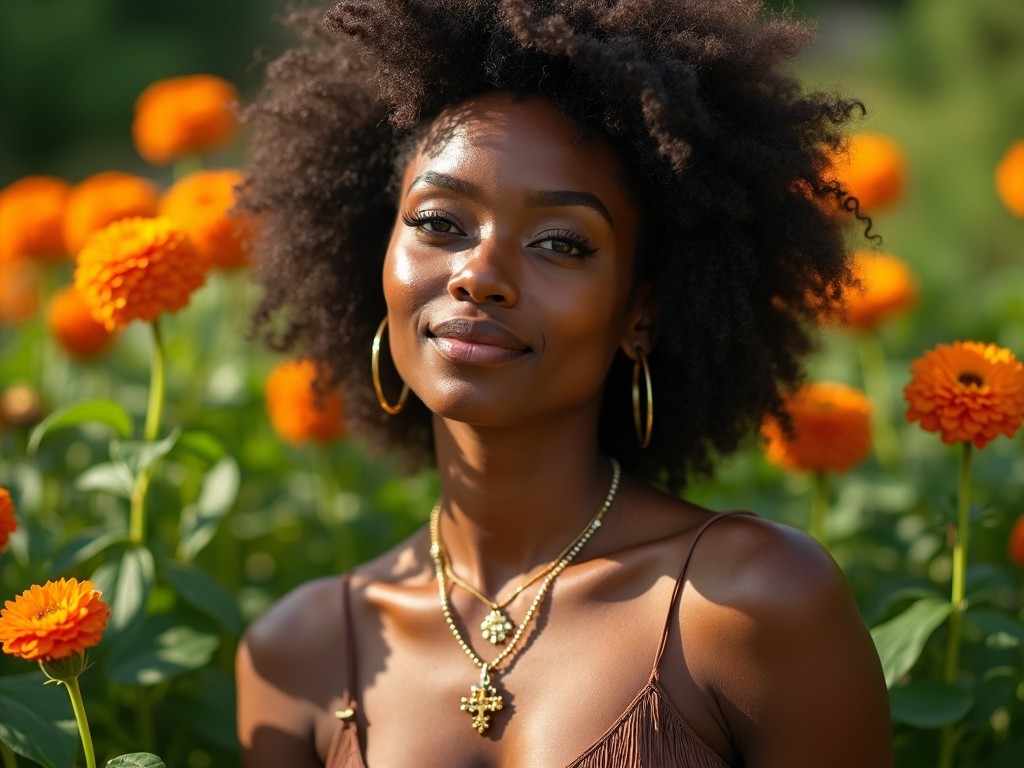 A woman with afro hair standing among bright orange flowers in a garden, with natural sunlight highlighting her face, wearing a brown top and gold jewelry, smiling softly at the camera.