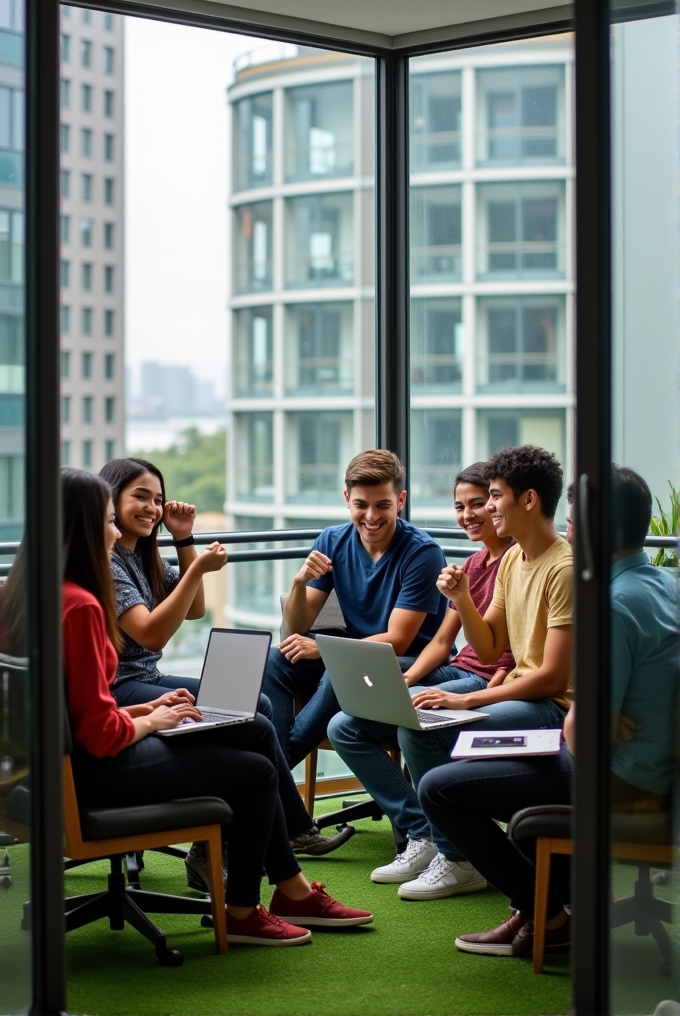 A group of young professionals having a meeting on a balcony with laptops.