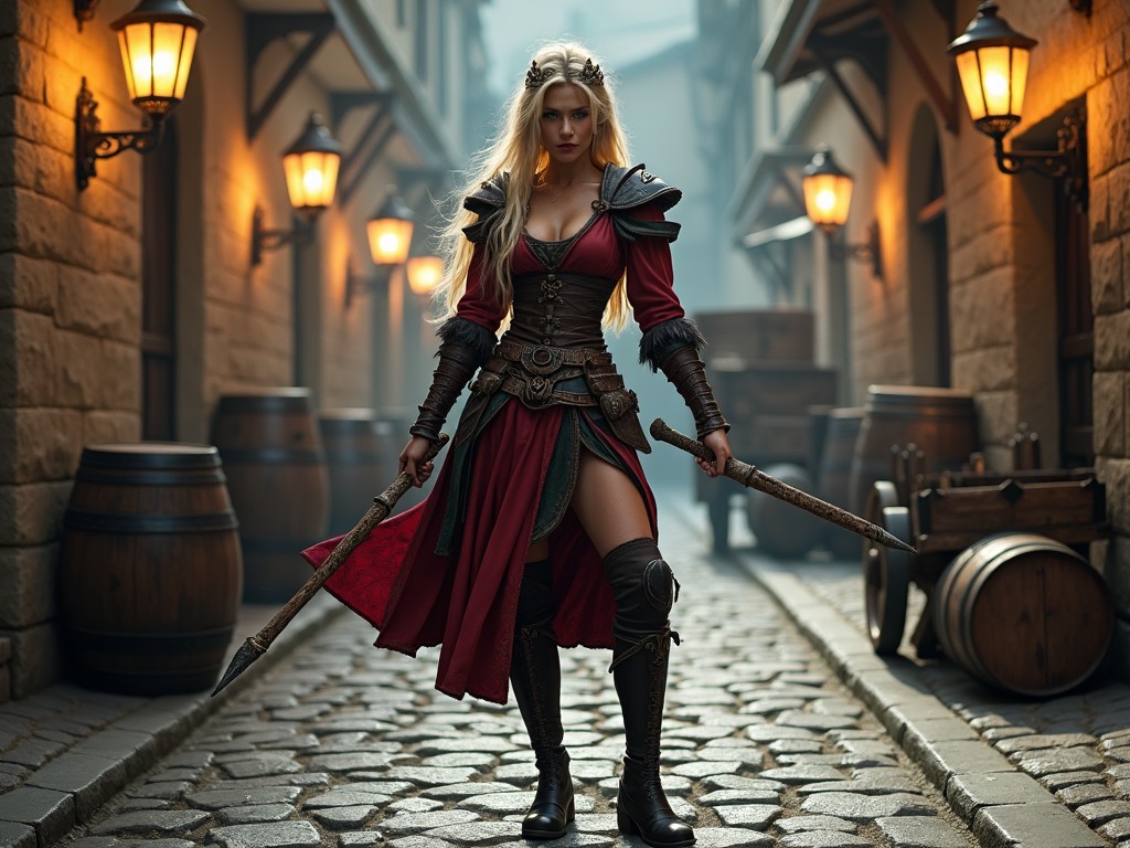 The image depicts a female character in an elaborate, fantasy-style outfit. She is standing on a cobblestone street, flanked by illuminated wall lamps. Around her are barrels, crates, and a wooden cart, suggesting a medieval or fantasy setting. The lighting creates dramatic shadows on the stone wall behind her. The character is in a dynamic pose, holding weapons in each hand.